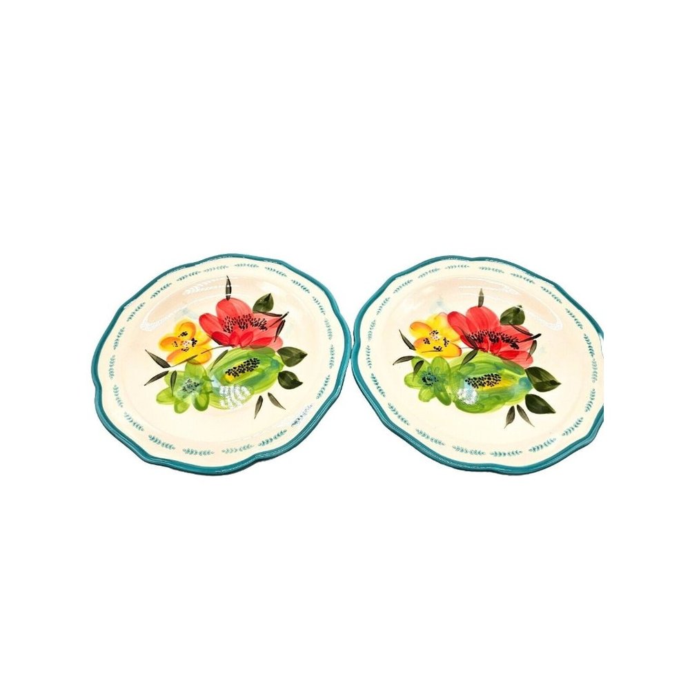 Vintage Pioneer Woman Ruffled Rim Teal Floral 8.25" Dessert Salad Dishes Pair